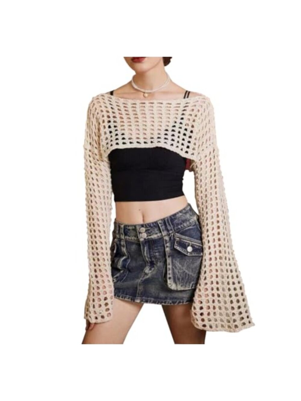 Mesh Cover Up Y2K Crochet Shrug Bolero Sweater See Through Fishnet Knit Bikini